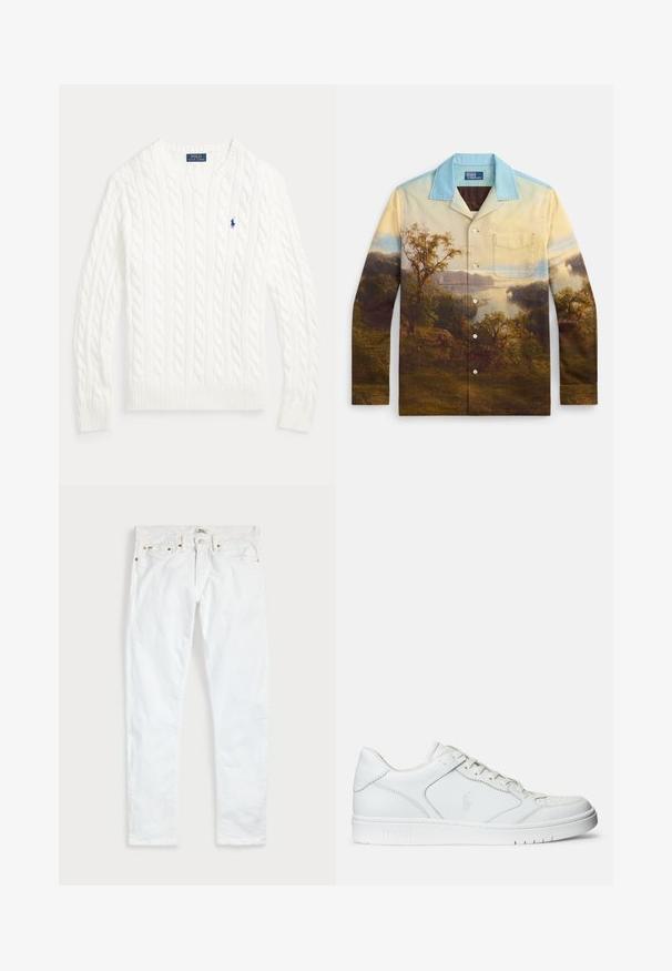 Hvid kabelstrikket crewneck sweater med lange ærmer og lille blå Polo Ralph Lauren-logo på venstre bryst.; Skjorte med knapper og et landskabsprint. Har en lyseblå krave, lange ærmer og en brystlomme. Stoffet har en glat tekstur.; Hvide slim fit jeans med fem lommer, knaplukning og bæltestropper, fladt lagt på en ensfarvet lys baggrund.; Hvide lædersneakers med en glat tekstur, der har en perforeret tå, snørebåndslukning og broderet logo på siden. Hvid gummisål.