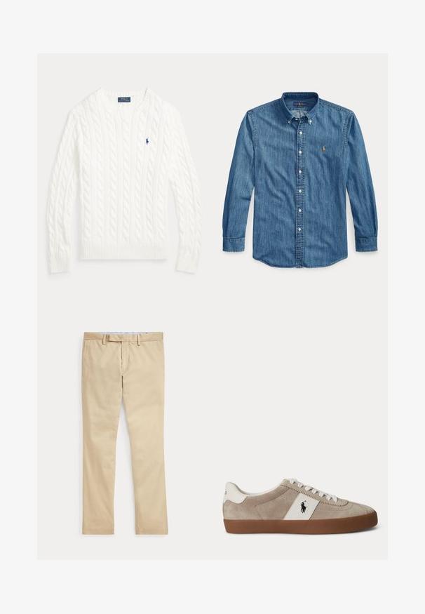 Hvid kabelstrikket crewneck sweater med lange ærmer og lille blå Polo Ralph Lauren-logo på venstre bryst.; Blå langærmet denimskjorte med krave og lille broderet logo på venstre bryst ved knapperne.; Beige bukser med lige ben, bæltestropper og frontlynlås, lagt fladt mod en hvid baggrund.; Beige ruskind lav-top sneaker med hvide snørebånd, hvid læder accent med sort hest logo og brun gummisål.