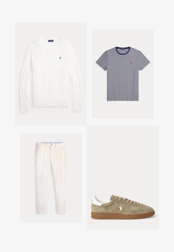 Hvid kabelstrikket crewneck sweater med lange ærmer og lille blå Polo Ralph Lauren-logo på venstre bryst.; Mørkeblå og hvid T-shirt med vandrette striber, korte ærmer, rund hals og lille rødt Polo Ralph Lauren-logo på venstre bryst.; Herre slim-fit off-white bukser med frontlommer, bæltestropper og knaplukning på en ensfarvet baggrund.; Beige lavskoet ruskindesneaker med brun sål, hvid hældetalje, snørebånd og en hvid broderet polospillerlogo på siden.