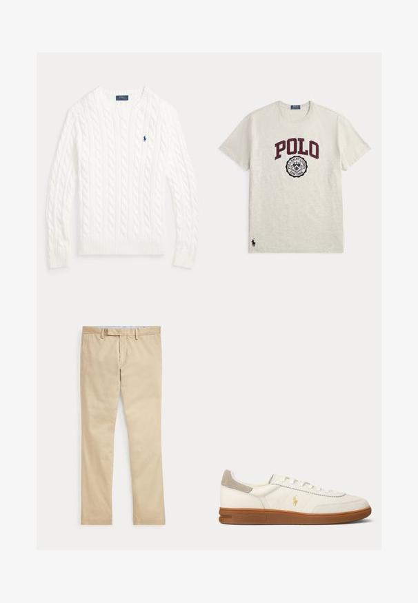 Biely sveter s okrúhlym výstrihom pletený vzorom vrkoča, s dlhými rukávmi a malým modrým logom Polo Ralph Lauren na ľavej strane hrudníka.; Svetlošedé tričko s krátkym rukávom a okrúhlym výstrihom s "POLO" vo veľkých bordových písmenách a kruhovou emblémou Polo Ralph Lauren New York pod ním.; Béžové nohavice s rovnými nohavicami, s pútkami na opasok a predným zipsom, položené na bielom pozadí.; Biela kožená nízka teniska s hnedou gumovou podrážkou, béžovým semišovým náplasťou na päte a malým zlatým logom Polo na boku.