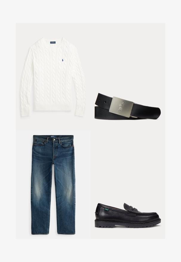 Biely sveter s okrúhlym výstrihom pletený vzorom vrkoča, s dlhými rukávmi a malým modrým logom Polo Ralph Lauren na ľavej strane hrudníka.; Indigo modré riflové nohavice so strihom rovné nohavice, štýl s piatimi vreckami a jemné blednutie na stehnách. Kovové zapínanie na gombík a zips.; Čierny kožený mokasín s hrubou drsnou podrážkou a malou zelenou značkou "Polo" na vonkajšej strane pri päte.; Čierny kožený opasok s obdĺžnikovou striebornou prackou s reliéfom hráča póla na koni držíaceho palicu.