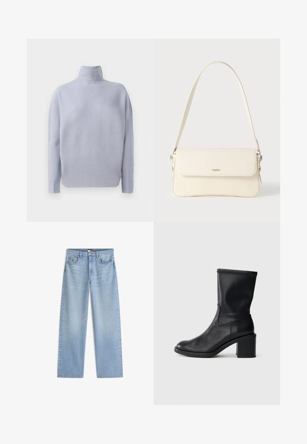 Lyseblå langærmet turtleneck sweater med en blød strikket tekstur og en afslappet pasform, præsenteret på en hvid baggrund.; Lyseblå jeans med lige ben, forlommer, bæltestropper og lukning med knap og lynlås.; Sort læder ankelstøvle med rund tå, glat tekstur og en grov hæl, der har et tætsiddende skaft og subtil syning.; Cremefarvet læder skuldertaske med flaplukning, sølvfarvet beslag, en enkelt justerbar rem og diskrete logodetaljer.