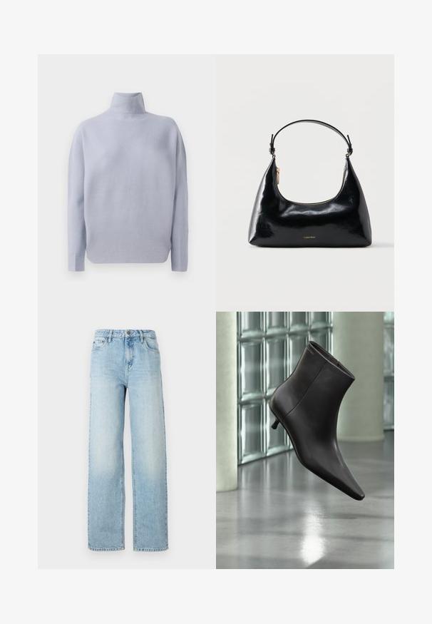 Lichtblauwe langemouw turtleneck trui met een zachte gebreide textuur en een ontspannen pasvorm, weergegeven op een witte achtergrond.; Lichtblauwe denim wijdpijpen jeans met een klassiek vijfvak ontwerp, knoopsluiting en subtiele vervaging voor textuur.; Zwarte leren enkellaars met puntige neus en lage hak, afgebeeld tegen een glazen blokkenmuur en gepolijste vloer op de achtergrond.; Zwarte glanzende Calvin Klein handtas met gouden rits en korte band tegen een effen witte achtergrond.
