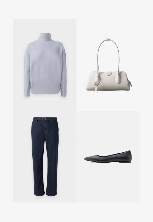Lichtblauwe langemouw turtleneck trui met een zachte gebreide textuur en een ontspannen pasvorm, weergegeven op een witte achtergrond.; Donkerblauwe denim jeans met een recht lijn ontwerp, voorzien van een ritssluiting, frontzakken en zichtbare stiksels in een contrasterende kleur.; Zwarte platte leren schoen met puntige neus en lage hak, zijaanzicht tegen een witte achtergrond.; Witte Calvin Klein schoudertas met lange hengsels, rechthoekige vorm, ritssluiting en decoratieve logohanger bij het hengsel.