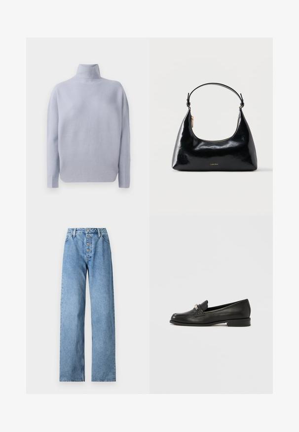 Lyseblå langærmet turtleneck sweater med en blød strikket tekstur og en afslappet pasform, præsenteret på en hvid baggrund.; Lyseblå denimjeans med højt liv, bred benåbning, fem-knaps lukning og bæltestropper. Stoffet har en glat tekstur med minimal falming.; Sort læderloafer med en rundet tå, diskret syning og en metalaccent foran. Flad hæl med en glat, skinnende finish.; Sort blank Calvin Klein håndtaske med gyldent lynlås og kort rem mod en ensfarvet hvid baggrund.