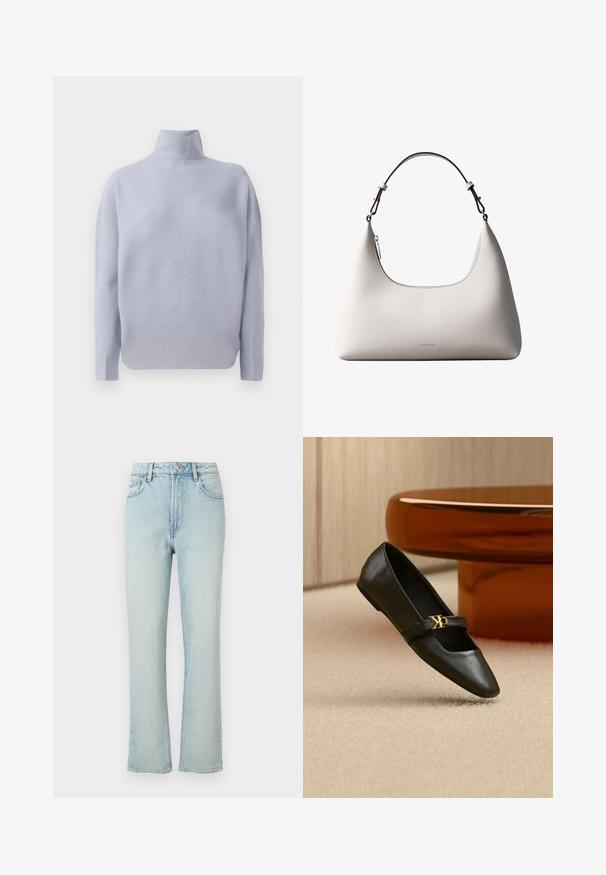 Lichtblauwe langemouw turtleneck trui met een zachte gebreide textuur en een ontspannen pasvorm, weergegeven op een witte achtergrond.; Lichtblauwe jeans met hoge taille en rechte pijpen, met voorste knoop, riemlussen en klassiek ontwerp met vijf zakken tegen een effen achtergrond.; Zwarte leren platte schoen met puntige neus en gouden CK-logo op het bandje, geplaatst op een beige tapijt bij een ronde amberbruine tafel.; Romige Calvin Klein leren schoudertas met gebogen bovenrand, zilveren rits en donkerbruine verstelbare riem.