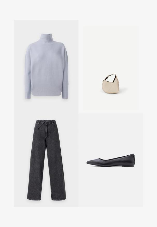 Lichtblauwe langemouw turtleneck trui met een zachte gebreide textuur en een ontspannen pasvorm, weergegeven op een witte achtergrond.; Hoge taille, wijde pijp zwarte denim jeans met een trekkoordsluiting. Heeft een vervaagde textuur en subtiele stikseldetails.; Zwarte platte leren schoen met puntige neus en lage hak, zijaanzicht tegen een witte achtergrond.; Beige leren handtas in halvemaanvorm met een enkele schouderband en minimale stiksels, afgebeeld tegen een effen witte achtergrond.