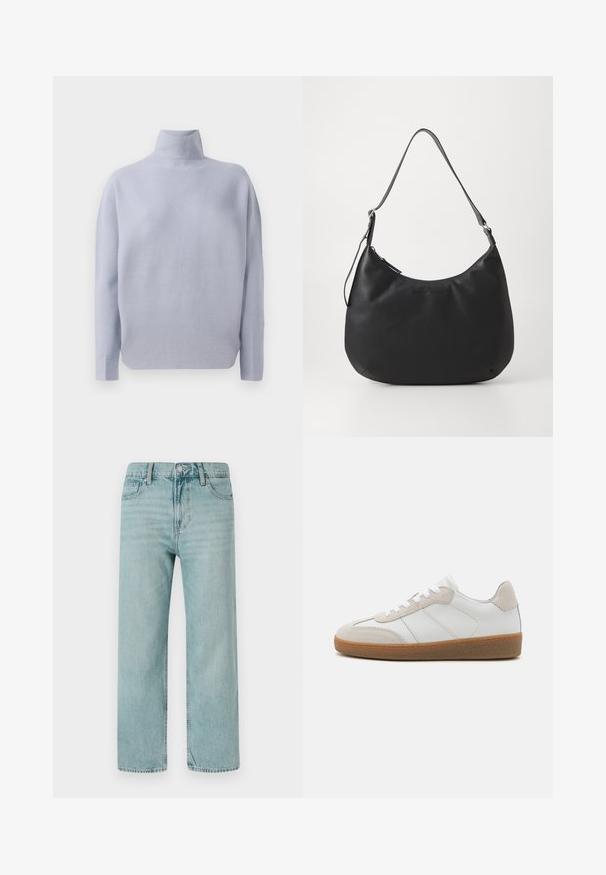 Lyseblå langærmet turtleneck sweater med en blød strikket tekstur og en afslappet pasform, præsenteret på en hvid baggrund.; Lyseblå brede jeans lavet af denim, der har et klassisk fem-lomme design, rene linjer og et almindeligt taljebånd med knaplukning.; Hvide lædersneakers med beige ruskindsdetaljer, struktureret tunge og gummisål. Har hvide snørebånd og diskrete stikninger.; Sort hobo-taske lavet af glat, holdbart materiale. Har en enkelt justerbar rem og et subtilt præglogo på forsiden.