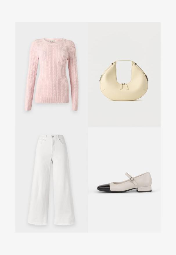 Pull rose clair en maille torsadée à manches longues avec encolure ronde et poignets et ourlet côtelés.; Jean large blanc en denim, avec une taille haute, un design à quatre poches et un ourlet brut en bas pour ajouter de la texture.; Chaussure de style Mary Jane en cuir crème avec un bout en vernis noir. Présente un bout rond, une sangle de cheville avec une boucle carrée et un petit talon carré.; Sac à main beige en forme de croissant avec fermeture à double fermeture éclair et poignée courte, avec des détails en métal argenté sur les côtés.