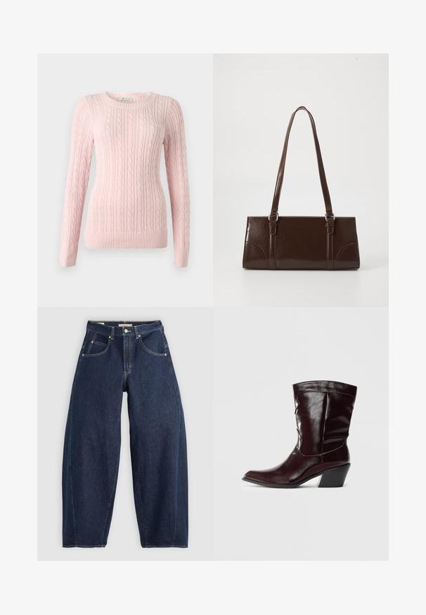 Pull rose clair en maille torsadée à manches longues avec encolure ronde et poignets et ourlet côtelés.; Jean en denim bleu foncé, à coupe ample, avec des coutures claires, cinq poches et un bouton de fermeture à la taille.; Bottines en cuir bourgogne avec un bout pointu, une surface texturée et un petit talon effilé. Présente une couture discrète et un ajustement confortable.; Sac à main en cuir verni marron de forme rectangulaire, avec deux longues poignées et des accents courbés subtils à l'avant.
