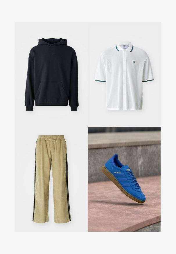 Must mustaga, mis on valmistatud pehmest kangast, esiküljel taskuga, pikkade varrukatega, sooniku äärtega ja diskreetse logoga rinnal.; Valge võrguline polomeesikle shirt rohelise krae ja varruka ääristega, vasakul rinnal väikese rohelise logoga ning ees nööpidega sulgur.; Beige korduroy püksid elastse vöökohtaga, mustade külgtriipudega. Kanga pind on sooniline ja allosas kergelt laienev.; Sinine Adidas Spezial toss kummist tallaga, paelad seotud, ripub sileda kivipinna kohal halli betoonseina lähedal.