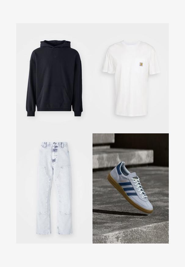 Zwarte capuchontrui van zacht stof, met een voorzak, lange mouwen, geribde boorden en een subtiele logo op de borst.; Witte katoenen t-shirt met korte mouwen, een borstzak en een klein vierkant logo-opdruk in oranje en wit op de zak.; Lichtblauwe denim jeans met rechte pijpen, patchzakken, hoge taille en een vervaagd uiterlijk. Voorzien van ton-sur-ton stiksels en een relaxte pasvorm.; Lichtblauwe Adidas Spezial sneaker met marineblauwe strepen en rubberen zool, getoond in de lucht boven betonnen trappen in een neutrale buitenomgeving.