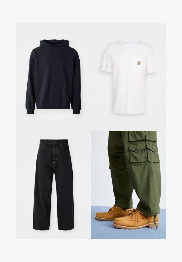 Zwarte capuchontrui van zacht stof, met een voorzak, lange mouwen, geribde boorden en een subtiele logo op de borst.; Witte katoenen t-shirt met korte mouwen, een borstzak en een klein vierkant logo-opdruk in oranje en wit op de zak.; Zwarte wijde denim jeans met hoge taille, voorste knoop, rits en gele stiksels op de zakken en naden.; Timberland AUTHENTIC 3 EYE - Bootschoenen - wheat