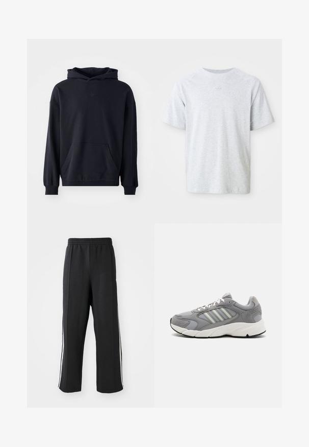 Sudadera con capucha negra, fabricada en un tejido suave, que presenta un bolsillo frontal, mangas largas, puños de canalé y un logo sutil en el pecho.; Camiseta de cuello redondo de manga corta en gris claro con un sutil logotipo tonal centrado debajo del escote, con un frente liso y un corte relajado.; Pantalones de chándal negros con cintura elástica, con franjas laterales blancas y un corte relajado. Hechos de una tela suave y elástica.; Zapatilla deportiva gris con materiales de malla y ante, que presenta cordones blancos, un collar acolchado y una entresuela blanca volumétrica con acentos texturizados.