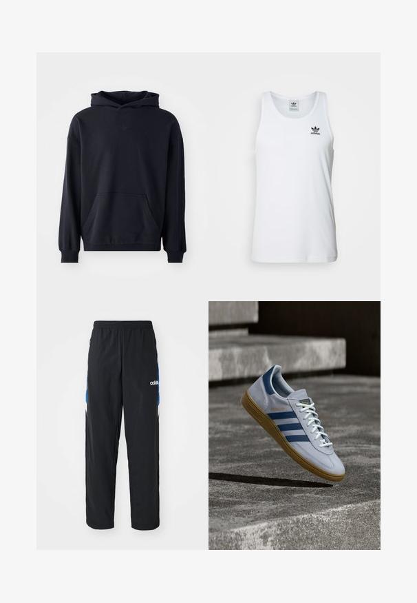 Sudadera con capucha negra, fabricada en un tejido suave, que presenta un bolsillo frontal, mangas largas, puños de canalé y un logo sutil en el pecho.; Top sin mangas blanco con canalé y escote redondo, logo negro de Adidas en el lado izquierdo del pecho. Material de algodón suave, corte casual.; Pantalones deportivos negros con cintura elástica, que presentan acentos gráficos en azul y blanco en los laterales, y un logo bordado.; Zapatilla Adidas Spezial azul claro con rayas azul marino y suela de goma, mostrada en el aire sobre escalones de hormigón en un entorno exterior neutral.