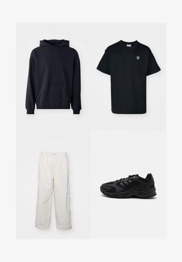 Sudadera con capucha negra, fabricada en un tejido suave, que presenta un bolsillo frontal, mangas largas, puños de canalé y un logo sutil en el pecho.; Camiseta de algodón negra con cuello redondo y mangas cortas, que presenta un pequeño logo blanco de Adidas en la zona izquierda del pecho.; Pantalones de algodón blancos de pernera ancha con cinturilla elástica, con cierre de botón en la parte delantera y bolsillos laterales. Textura suave y diseño minimalista.; Zapatillas deportivas negras que combinan malla transpirable y materiales sintéticos. Suela texturizada distintiva y tres franjas negras en el costado.