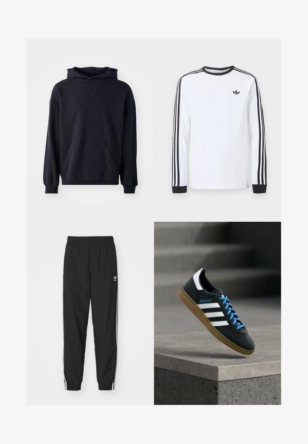 Sort hættetrøje lavet af blødt stof, med en frontlomme, lange ærmer, ribbede manchetter, og et diskret logo på brystet.; Hvid langærmet Adidas-trøje med sort rund hals, sorte manchetter, tre sorte striber ned langs ærmerne og sort trekløverlogo på brystet.; Sorte træningsbukser med elastisk talje og manchetter, med hvide sidelister og et lille hvidt Adidas-logo på venstre hofte.; Sort Adidas sneaker med hvide striber, blå snørebånd og gummisål, der svæver over gråt betontrin i blødt lys.