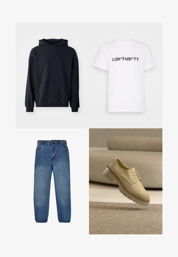 Sudadera con capucha negra, fabricada en un tejido suave, que presenta un bolsillo frontal, mangas largas, puños de canalé y un logo sutil en el pecho.; Camiseta de algodón blanca con mangas cortas y escote redondo. Presenta un gran logo de "carhartt" en marrón oscuro en el pecho.; Pantalones vaqueros de mezclilla azul claro con un corte relajado, que cuentan con un cierre de botón, diseño de cinco bolsillos y una textura ligeramente descolorida en la tela.; Zapato beige de ante con cordones y suela gruesa flotando sobre una alfombra texturizada, sofá de tonos neutros al fondo. No hay personas presentes.