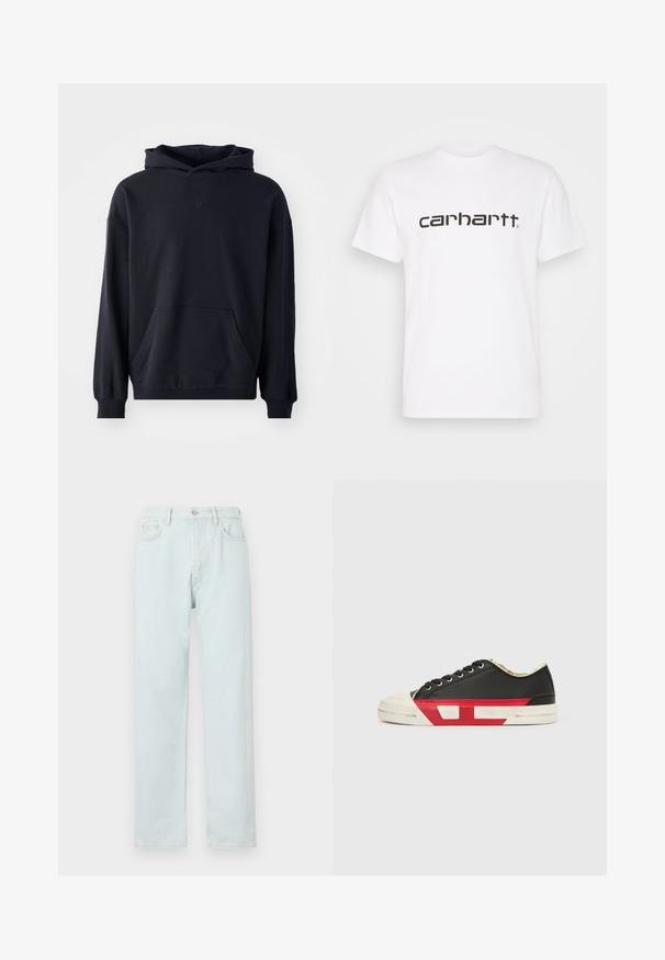 Sudadera con capucha negra, fabricada en un tejido suave, que presenta un bolsillo frontal, mangas largas, puños de canalé y un logo sutil en el pecho.; Camiseta de algodón blanca con mangas cortas y escote redondo. Presenta un gran logo de "carhartt" en marrón oscuro en el pecho.; Vaqueros de tiro recto de color azul claro, hechos de denim, con cierre de botón, sutiles desgastes y diseño de cinco bolsillos.; Zapatilla deportiva de lona negra con detalles en rojo, puntera de goma y suela blanca. Cuenta con cordones negros y un diseño texturizado en el lateral.