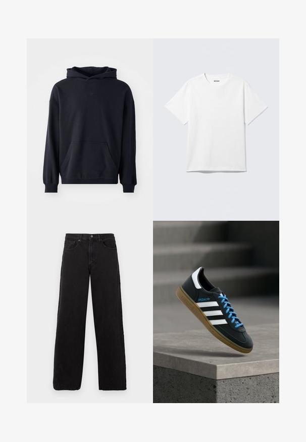 Zwarte capuchontrui van zacht stof, met een voorzak, lange mouwen, geribde boorden en een subtiele logo op de borst.; Witte T-shirt met korte mouwen en ronde hals, plat gelegd, effen ontwerp, met een "WEEKDAY" label in de kraag op een lichte achtergrond.; Zwarte denim jeans met een recht model, vijf zakken en een knoopsluiting. Gestructureerde stof en minimalistische esthetiek.; Zwarte Adidas-sneaker met witte strepen, blauwe veters en een gumzool die boven een grijze betonnen trede zweeft in zacht licht.