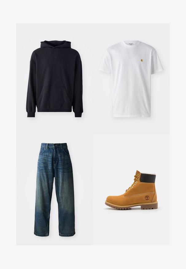 Zwarte capuchontrui van zacht stof, met een voorzak, lange mouwen, geribde boorden en een subtiele logo op de borst.; Witte katoenen t-shirt met korte mouwen en ronde hals, voorzien van een klein gouden logo op de linkerkant van de borst. Zachte textuur en een normale pasvorm.; Wijdvallende blauwe denim jeans met een vervaagde afwerking. Bevat vijf zakken, een knoopsluiting en contrasterende stiksels. Zwaar gewicht stof.; Bruine leren enkellaars met metalen oogjes, witte faux bont voering, zwarte gewatteerde kraag, robuuste zool en een reliëflogo aan de zijkant.