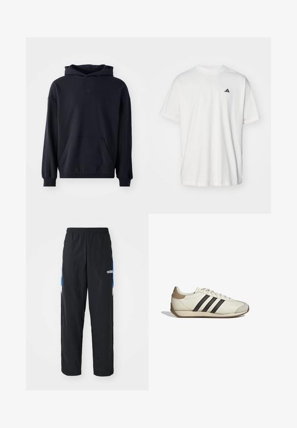 Sudadera con capucha negra, fabricada en un tejido suave, que presenta un bolsillo frontal, mangas largas, puños de canalé y un logo sutil en el pecho.; Camiseta de algodón blanca con mangas cortas, cuello redondo y un pequeño logo negro de Adidas en el lado izquierdo del pecho. Textura suave, ajuste casual.; Pantalones deportivos negros con cintura elástica, que presentan acentos gráficos en azul y blanco en los laterales, y un logo bordado.; Zapatilla deportiva de cuero blanco con tres rayas negras, una cubierta de talón beige y una puntera texturizada gris. Superficie lisa con suela de goma.