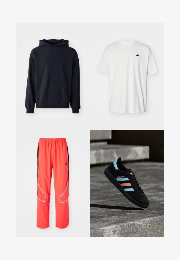 Sort hættetrøje lavet af blødt stof, med en frontlomme, lange ærmer, ribbede manchetter, og et diskret logo på brystet.; Hvid bomulds t-shirt med korte ærmer, rund hals og et lille sort Adidas-logo på venstre bryst. Blød tekstur, afslappet pasform.; Røde sportbukser med løs pasform, elastisk talje, sorte sidelister og hvide pipinger langs benene. Adidas-logo på hoften.; Sort Adidas Spezial sneaker med blå og pink striber, svævende over en tekstureret grå betonoverflade med skygge nedenunder.