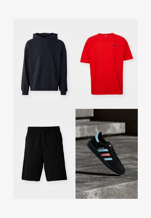 Sort hættetrøje lavet af blødt stof, med en frontlomme, lange ærmer, ribbede manchetter, og et diskret logo på brystet.; Rød bomulds T-shirt med korte ærmer og rund hals. Har et lille sort logo på venstre bryst og en lige kant.; Sorte atletiske shorts lavet af syntetisk materiale, med en elastisk talje og sidelommer. Glat tekstur uden synlige mønstre.; Sort Adidas Spezial sneaker med blå og pink striber, svævende over en tekstureret grå betonoverflade med skygge nedenunder.