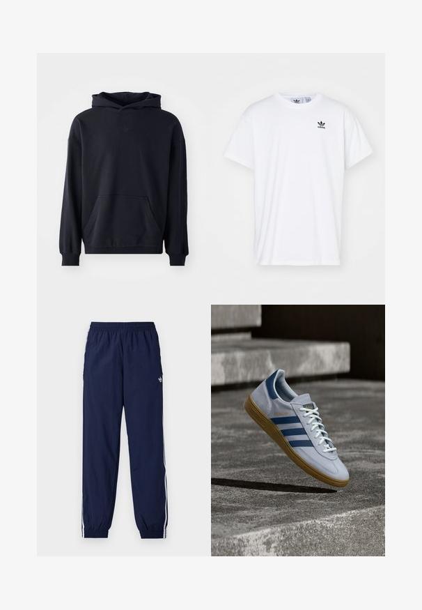 Sudadera con capucha negra, fabricada en un tejido suave, que presenta un bolsillo frontal, mangas largas, puños de canalé y un logo sutil en el pecho.; Camiseta blanca de algodón con mangas cortas, escote redondo y un logo negro de Adidas con tres franjas en la zona del lado izquierdo del pecho.; Pantalones de chándal azul marino hechos de tela ligera, con franjas blancas a los lados, cintura elástica y un pequeño logo.; Zapatilla Adidas Spezial azul claro con rayas azul marino y suela de goma, mostrada en el aire sobre escalones de hormigón en un entorno exterior neutral.