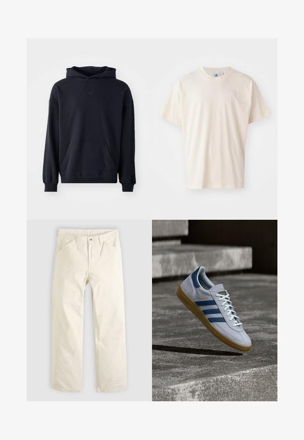 Sudadera con capucha negra, fabricada en un tejido suave, que presenta un bolsillo frontal, mangas largas, puños de canalé y un logo sutil en el pecho.; Camiseta de algodón color crema con cuello redondo y mangas cortas; presenta un pequeño logo de color claro en el pecho.; Pantalones de algodón color beige claro con un corte relajado, piernas rectas y bolsillos delanteros. Presentan un cierre con botón y un diseño sencillo y limpio.; Zapatilla Adidas Spezial azul claro con rayas azul marino y suela de goma, mostrada en el aire sobre escalones de hormigón en un entorno exterior neutral.