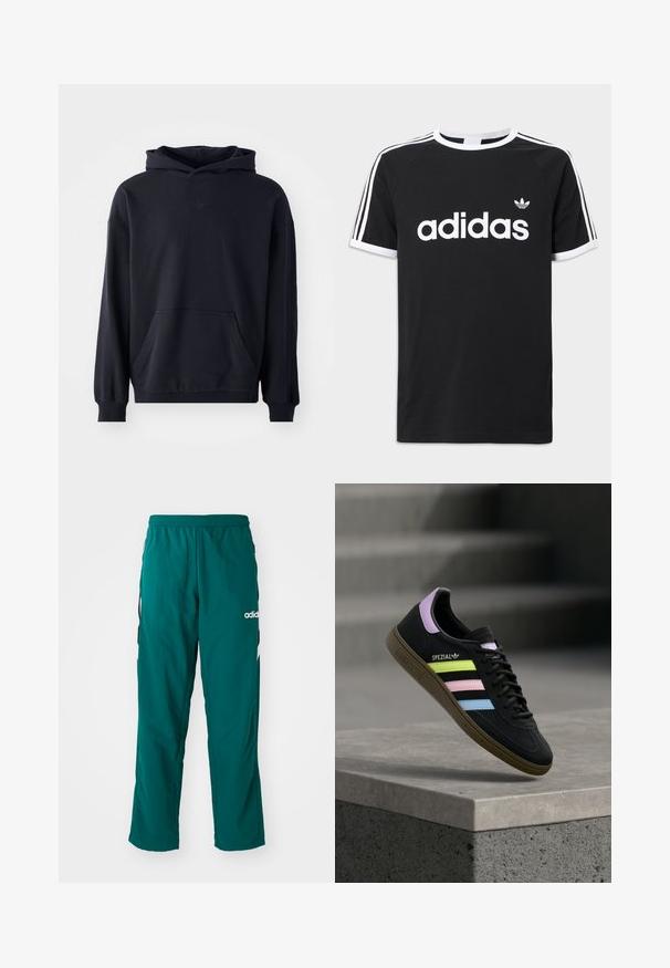 Sort hættetrøje lavet af blødt stof, med en frontlomme, lange ærmer, ribbede manchetter, og et diskret logo på brystet.; Sort bomulds-T-shirt med hvid Adidas-logo, tre hvide striber på skuldrene og hvid kant ved halsudskæring og ærmer.; Grønne træningsbukser lavet af letvægtsstof, med elastisk talje, sidelommer og hvidt Adidas-logo på venstre side.; Sort Adidas Spezial sneaker med pastelgule, pink og blå striber, lavendel hælstrop og brun sål, svævende over betonforkant.