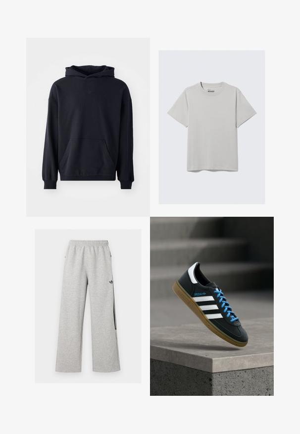Sudadera con capucha negra, fabricada en un tejido suave, que presenta un bolsillo frontal, mangas largas, puños de canalé y un logo sutil en el pecho.; Camiseta de algodón gris claro con cuello redondo y mangas cortas, que presenta un diseño minimalista y un corte relajado. Sin estampados ni acentos.; Pantalones deportivos anchos de color gris claro con cintura elástica y logo negro de Adidas trefoil en el muslo derecho.; Zapatilla negra Adidas con franjas blancas, cordones azules y suela de goma flotando sobre un escalón de hormigón gris con luz suave.