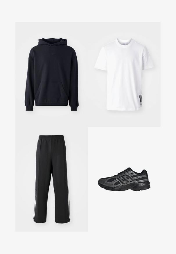 Sudadera con capucha negra, fabricada en un tejido suave, que presenta un bolsillo frontal, mangas largas, puños de canalé y un logo sutil en el pecho.; Camiseta de algodón blanca de manga corta, con cuello redondo y un parche del logo de Adidas en negro en la parte inferior izquierda. Textura suave.; Pantalones de chándal negros con cintura elástica, con franjas laterales blancas y un corte relajado. Hechos de una tela suave y elástica.; Zapatillas deportivas negras hechas de malla y materiales sintéticos, que presentan una superficie texturizada, múltiples rayas grises y un collar acolchado.