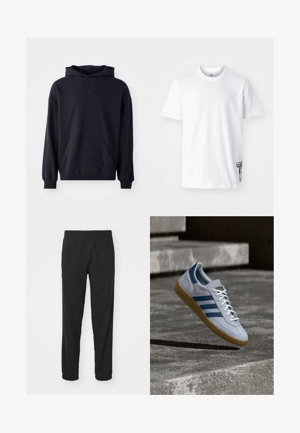 Sort hættetrøje lavet af blødt stof, med en frontlomme, lange ærmer, ribbede manchetter, og et diskret logo på brystet.; Hvid bomulds-t-shirt med korte ærmer, rund halsudskæring og et sort Adidas-logo-patch på nedre venstre side. Glat struktur.; Sorte letvægts joggerbukser med elastisk talje, tætsiddende ben, samlede manchetter og sidelommer for øget funktionalitet.; Lyseblå Adidas Spezial sneakers med marineblå striber og gummisål, vist i luften over betontrapper i et neutralt udendørsmiljø.