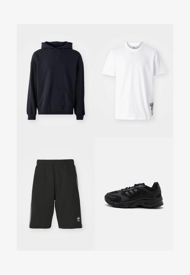 Zwarte capuchontrui van zacht stof, met een voorzak, lange mouwen, geribde boorden en een subtiele logo op de borst.; Witte katoenen t-shirt met korte mouwen, ronde halslijn, en een zwart Adidas-logo label op de linker onderkant. Luxe textuur.; Zwarte shorts van een katoenmix met een elastische tailleband, voorzien van witte zijkanten en een klein logo aan de onderlinkerkant.; Zwarte sportieve schoenen met een combinatie van ademend mesh en synthetische materialen. Kenmerkende gestructureerde zool en drie zwarte strepen aan de zijkant.