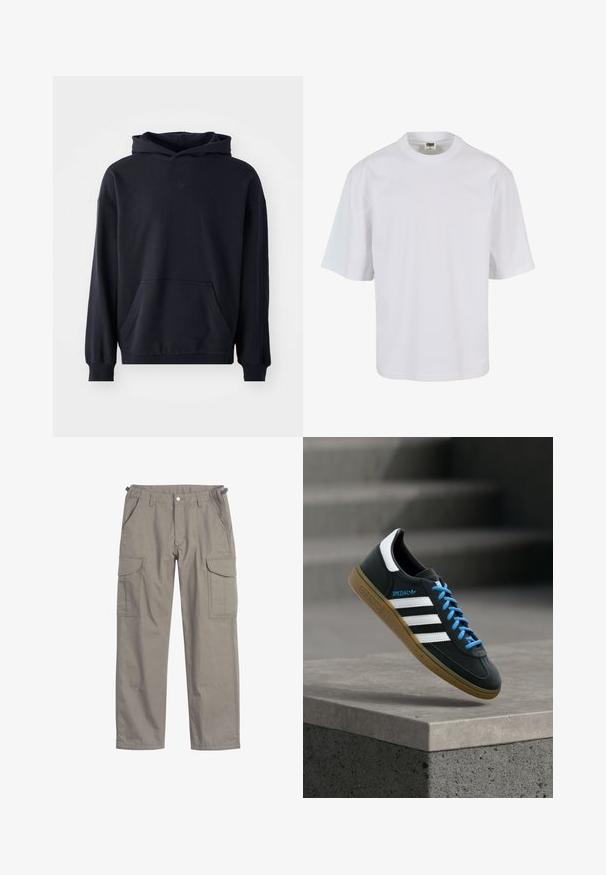 Sudadera con capucha negra, fabricada en un tejido suave, que presenta un bolsillo frontal, mangas largas, puños de canalé y un logo sutil en el pecho.; Camiseta blanca de manga corta hecha de algodón. Presenta un cuello redondo y un corte holgado con una textura suave y sin patrones ni gráficos visibles.; Pantalones cargo de tejido gris claro, con dos grandes bolsillos laterales, bolsillos frontales, cierre de botón y un ajuste holgado.; Zapatilla negra Adidas con franjas blancas, cordones azules y suela de goma flotando sobre un escalón de hormigón gris con luz suave.
