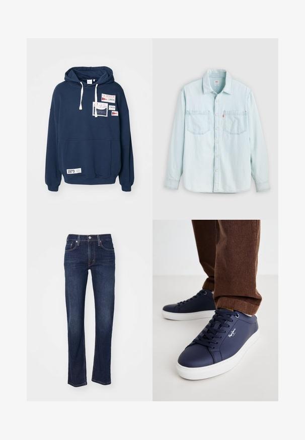Marineblauwe sweatshirt met capuchon, lange mouwen, een voorzak en meerdere stoffen patches met tekst in het rood en wit.; Lichtblauw denim overhemd met lange mouwen, knopen aan de voorkant, twee borstzakken en een kraag, afgebeeld tegen een effen lichte achtergrond.; Donkerblauwe denim jeans met een rechte pijp, met een traditionele vijf-pocketontwerp en gestikte details op de naden.; Marine leren sneakers met een witte rubberen zool, ronde neus en een minimalistisch ontwerp. Heeft een vetersluiting aan de voorkant en subtiele branding aan de zijkant.