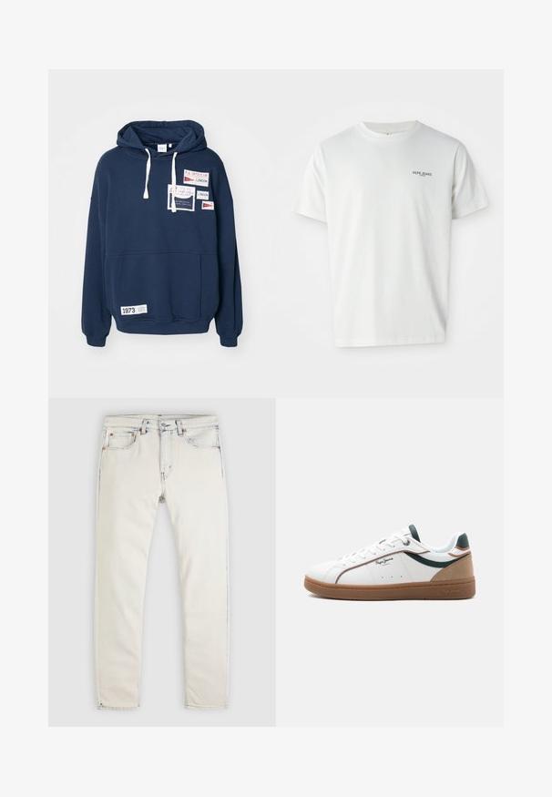 Sweatshirt à capuche bleu marine avec manches longues, poche kangourou à l'avant et plusieurs patchs en tissu avec texte en rouge et blanc.; T-shirt en coton blanc avec un col rond et des manches courtes, arborant un petit logo marine avec l'inscription "PEPE JEANS LONDON" sur la poitrine.; Jean en denim de couleur claire avec une coupe droite. Caractéristiques : cinq poches, boutons en métal et légère décoloration le long des coutures.; Baskets basses blanches avec semelle marron, accents verts et beige, lacets blancs, et logo "Pepe Jeans London" sur le côté.