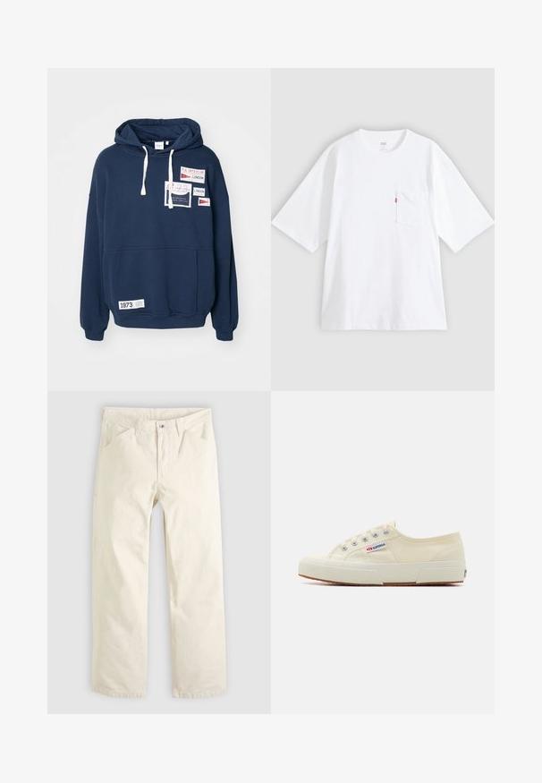 Sweatshirt à capuche bleu marine avec manches longues, poche kangourou à l'avant et plusieurs patchs en tissu avec texte en rouge et blanc.; T-shirt en coton blanc à manches courtes, col rond et poche poitrine gauche. Comprend une petite étiquette logo rouge sur la poche.; Pantalon en coton beige clair à coupe décontractée, jambes droites et poches avant. Doté d'une fermeture à boutons et d'un design simple et épuré.; Baskets en toile beige au design épuré, œillets en métal et semelle en caoutchouc. Présente un motif texturé et un détail de logo sur le côté.