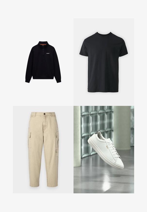 Schwarzer langärmeliger Quarter-Zip-Sweatshirt mit hohem Kragen und kleinem weißen Logo auf der linken Brust vor weißem Hintergrund.; Schwarzes Baumwoll-T-Shirt mit kurzen Ärmeln, Rundhalsausschnitt und lässiger Passform. Glatte Textur und gerader Saum, keine sichtbaren Grafiken oder Muster.; Beige Cargo-Hosen aus weichem Stoff, mit seitlichen Taschen, einem Knopfverschluss und einer schmal zulaufenden Beinform.; Weißer Leder-Low-Top-Sneaker mit Schnürsenkeln, schwarzer Fersenschlaufe und „BOSS“-Logo, der drinnen nahe einer Glassteinwand und einem polierten Boden schwebt.
