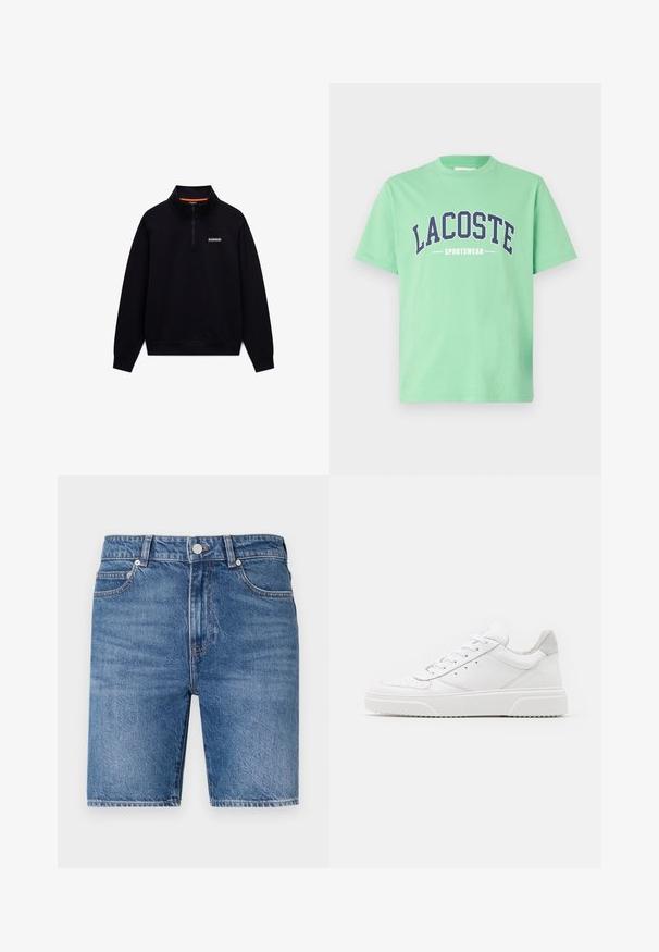 Schwarzer langärmeliger Quarter-Zip-Sweatshirt mit hohem Kragen und kleinem weißen Logo auf der linken Brust vor weißem Hintergrund.; Grünes Baumwoll-T-Shirt mit Rundhalsausschnitt. Mit fettem marineblauen Text "LACOSTE" und "SPORTSWEAR" über der Brust. Kurzarm.; Jeans-Shorts in einem mittleren Blauton mit geradem Schnitt, fünf Taschen Design und Knopfverschluss. Mit kontrastierenden Nähten.; Weiße Leder-Sneaker mit glatter Oberfläche, rundem Zehenbereich, flachen Schnürsenkeln und strukturiertem Schuhsohlen. Graues Wildleder-Detail an der Ferse.
