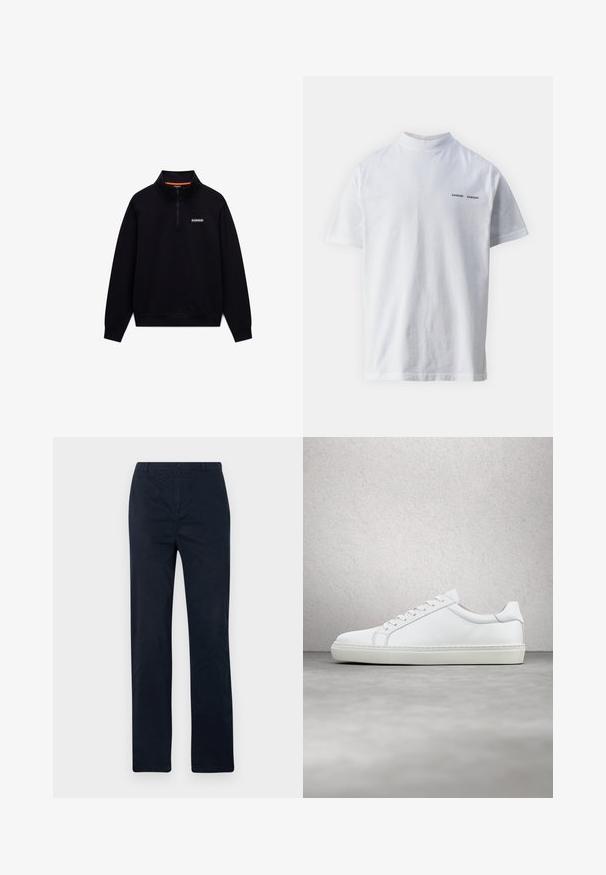 Schwarzer langärmeliger Quarter-Zip-Sweatshirt mit hohem Kragen und kleinem weißen Logo auf der linken Brust vor weißem Hintergrund.; Weißes Baumwoll-T-Shirt mit hohem Ausschnitt und kurzen Ärmeln. Mit schwarzem "SAMSØE SAMSØE" Logo auf der Vorderseite. Glatte Textur.; Marineblaue Hose aus Baumwolle mit geradem Bein, vorn mit Knopfverschluss und ohne sichtbare Muster oder Akzente.; Weißer Sneaker mit glattem Lederobermaterial und niedrigem Profil. Verfügt über eine runde Zehenpartie, sechs Ösen und eine strukturierte Gummisohle.