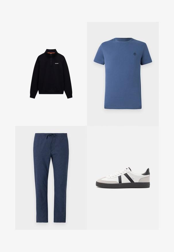 Schwarzer langärmeliger Quarter-Zip-Sweatshirt mit hohem Kragen und kleinem weißen Logo auf der linken Brust vor weißem Hintergrund.; Blaues Rundhals-T-Shirt aus Baumwolle, mit kurzen Ärmeln und einem kleinen, dunklen Baum-Logo auf der linken Brustseite.; Marineblaue Hosen aus leichtem Material, mit einem elastischen Bund und Kordelzug sowie geradem Schnitt.; Weiße Sneaker mit schwarz- und grau-aczenten, ausgestattet mit einer strukturierten grauen Zehenkappe, schwarzer Gummi-Sohle und flachen weißen Schnürsenkeln. Sauberes Design, minimalistische Stil.