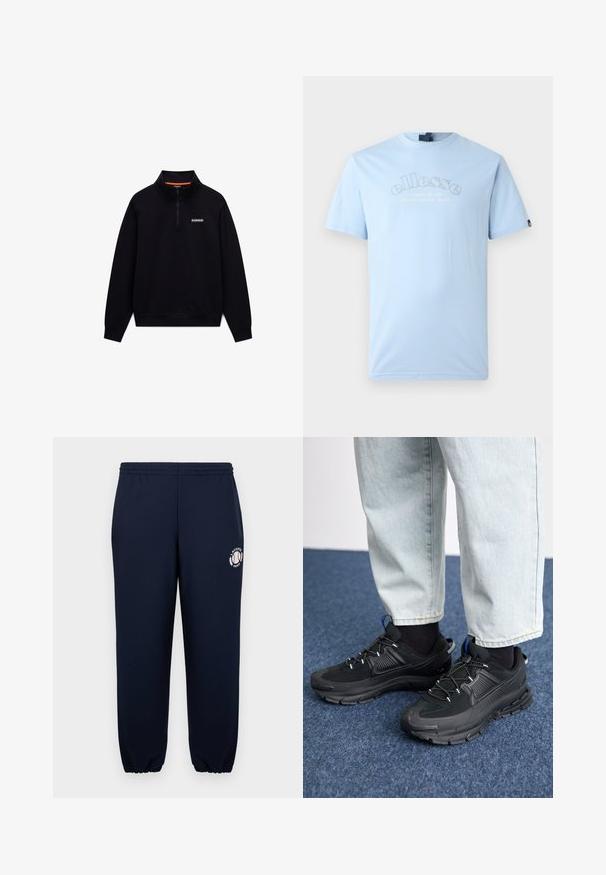 Schwarzer langärmeliger Quarter-Zip-Sweatshirt mit hohem Kragen und kleinem weißen Logo auf der linken Brust vor weißem Hintergrund.; Ellesse QUESCO TEE - T-Shirt print - light blue; Navyblaue Sweatpants aus weichem Baumwollmaterial mit elastischen Bündchen und Bund. Mit einem weißen Lacoste Paris Logo auf dem linken Bein.; Schwarze Sportschuhe aus strukturiertem Stoff mit Gummisohlen, ausgestattet mit elastischen Schnürsenkeln und einem blauen Akzent an der Ferse. Getragen mit hellen Jeans.