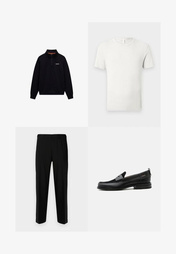 Schwarzer langärmeliger Quarter-Zip-Sweatshirt mit hohem Kragen und kleinem weißen Logo auf der linken Brust vor weißem Hintergrund.; Einfaches weißes T-Shirt mit kurzen Ärmeln und Rundhalsausschnitt, flach auf einem hellgrauen Hintergrund ausgebreitet, mit einem kleinen Stoffetikett am Kragen.; Schwarze Hosen aus glattem Stoff, mit geradem Schnitt, zwei vorderen Taschen und einem Reißverschluss mit Knopfverschluss.; Schwarzer Lederloafer mit grauem Riemendetail, niedrigem Absatz und strukturierter Sohle, seitlich mit „HUGO“ in Gold gebrandmarkt.
