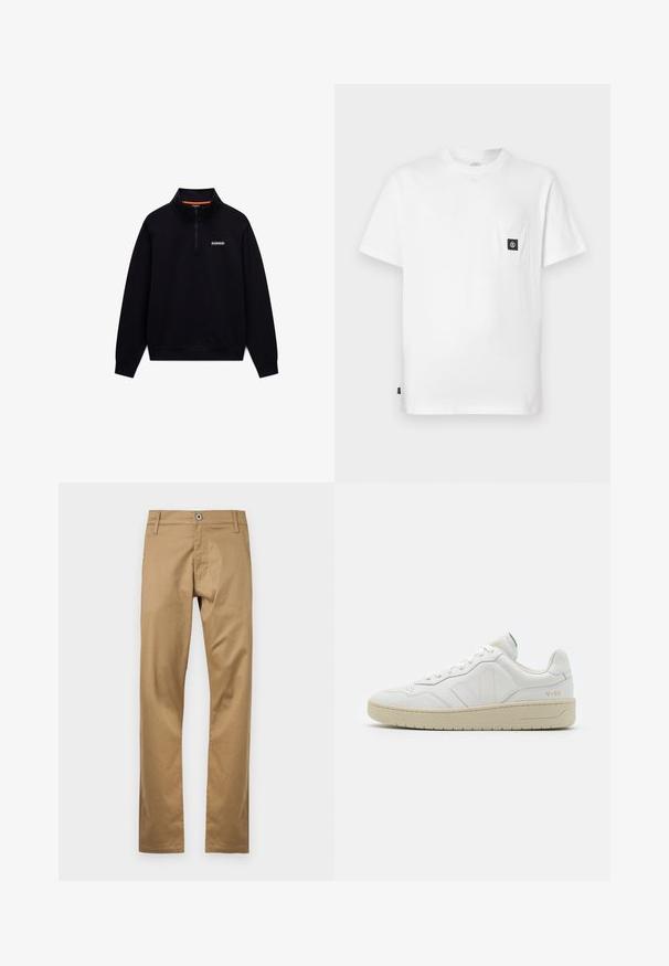 Schwarzer langärmeliger Quarter-Zip-Sweatshirt mit hohem Kragen und kleinem weißen Logo auf der linken Brust vor weißem Hintergrund.; Weißes Baumwoll-T-Shirt mit Rundhalsausschnitt, kurzen Ärmeln und einer Brusttasche mit schwarzem Logo-Patch. Glatte Textur, lockere Passform.; Beige Baumwollhose mit geradem Bein, ausgestattet mit einem vorderen Knopfverschluss, Gürtelschlaufen und Seitentaschen. Glatte Textur.; Weiße Leder-Sneaker mit strukturierter Oberfläche und gepolstertem Kragen. Sie verfügen über eine beigen Gummisohle und dezente Markenkennzeichnung an der Ferse und an der Seite.
