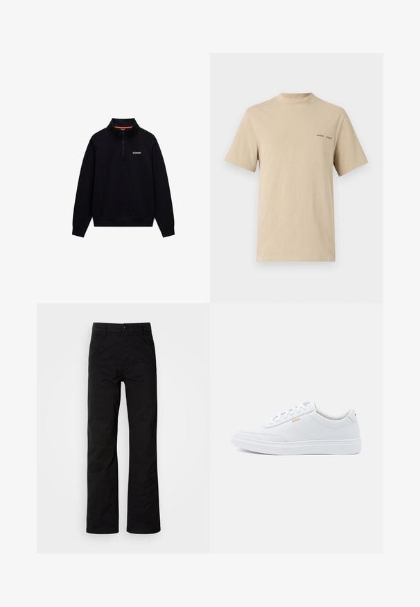 Schwarzer langärmeliger Quarter-Zip-Sweatshirt mit hohem Kragen und kleinem weißen Logo auf der linken Brust vor weißem Hintergrund.; Beige Baumwoll-T-Shirt mit rundem Ausschnitt und kurzen Ärmeln. Mit dezentem schwarzen "SAMSOE"-Textlogo auf der Brust.; Schwarze Baumwollhosen mit geradem Bein, ausgestattet mit einem Knopfverschluss und Gürtelschlaufen. Glatte Textur und minimalistischer Stil ohne sichtbare Muster.; Weiße Leder-Sneaker mit glatter Textur, runder Zehenpartie und tonal abgestepptem Design. Mit blauen Schnürsenkeln und einem goldenen Logo an der Seite.