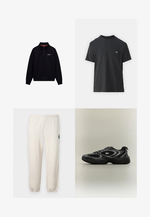 Sort langærmet kvartlynlås-sweatshirt med høj krave og lille hvidt logo på venstre bryst mod en hvid baggrund.; Sort bomulds t-shirt med korte ærmer, rund halsudskæring og et lille grønt logo på venstre brystlomme. Enkel design, normal pasform.; Lys beige sweatpants lavet af bomuld, med elastisk talje, ribbede mansjetter og et grønt logo med bladdesign på venstre ben.; Sort og grå atletisk sneaker med mesh-paneler, snørebåndsdesign, tyk sål og et lille krokodillelogo på siden.