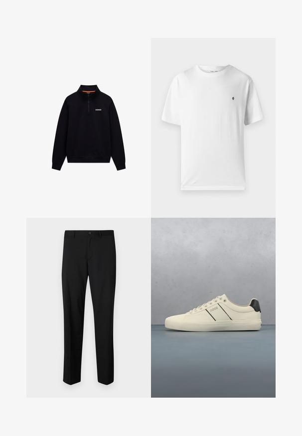 Schwarzer langärmeliger Quarter-Zip-Sweatshirt mit hohem Kragen und kleinem weißen Logo auf der linken Brust vor weißem Hintergrund.; Weißes Baumwoll-T-Shirt mit rundem Halsausschnitt, kurzen Ärmeln und einem kleinen schwarzen Logo auf der Brust. Weicher Stoff, lässige Passform.; Schwarze maßgeschneiderte Hose mit flachem Frontschnitt, normaler Taille und geraden Beinen. Hergestellt aus glattem Material, mit einem einzelnen Knopfverschluss.; Cremfarbene Sneaker mit glatter Oberfläche, die schwarze Akzente und Markenlogo aufweisen. Klassisches Schnürdesign mit runder Zehenform und Gummisohle.