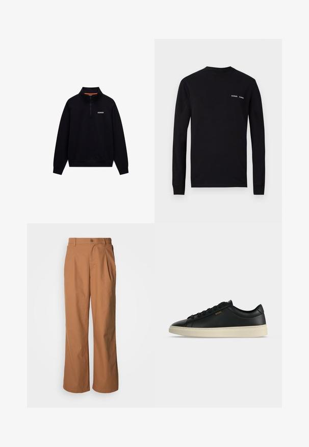 Schwarzer langärmeliger Quarter-Zip-Sweatshirt mit hohem Kragen und kleinem weißen Logo auf der linken Brust vor weißem Hintergrund.; Schwarzes Langarm-T-Shirt aus Baumwolle, mit Rundhalsausschnitt und doppeltem weißen "SAMSØE"-Logo-Druck im linken Brustbereich.; Weit geschnittene Hosen aus warmbraunem Stoff, mit einer vorderen Knopfverschluss, dezenten Falten und geradem Schnitt für eine entspannte Passform.; Schwarzer flacher Ledersneaker mit weißer Sohle, schwarzen Schnürsenkeln und kleinem goldfarbenem BOSS-Logo an der Seite.